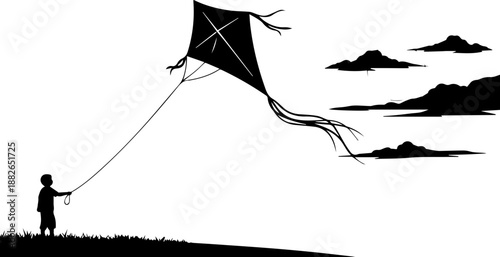 Child Flying a Kite Silhouette Against a Sunset Sky, Nostalgic Black and White Vector Illustration of Outdoor Play