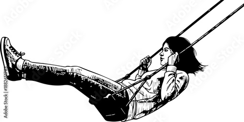 Exhilarated Girl on a Swing Stipple Art Illustration, Dynamic Black and White Vector of Childhood Joy and Play