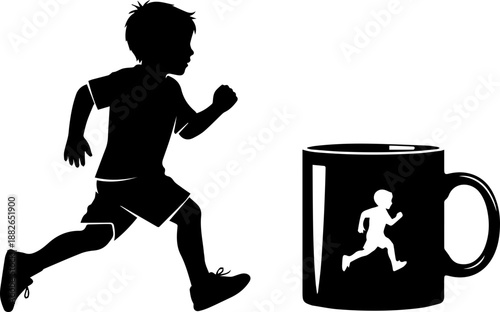 Black silhouette of a boy running next to a matching coffee mug, representing an active lifestyle, branding, and personalized merchandise.