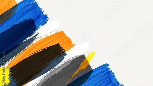 Brushstrokes of blue orange black white yellow and gray diagonally fill the lower left against a white backdrop