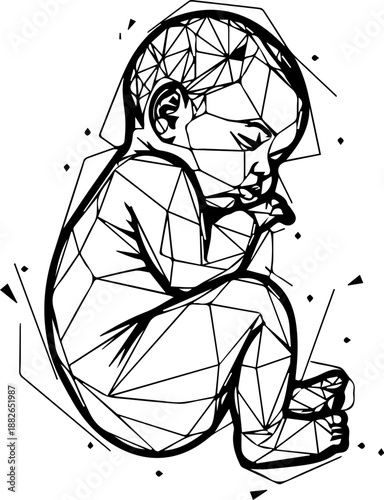 Polygonal line art illustration of a sleeping baby on a colorful abstract background, a modern and artistic representation of infancy.