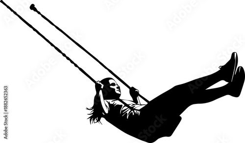 Dynamic Young Woman Swinging High with Hair Flowing, Energetic Black Silhouette for Freedom, Joyful Playtime, and Youthful Recreation