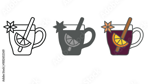 Three colorful mugs with star anise and citrus slices on a white background