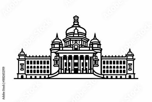 Vidhana Soudha Bangalore Vector Illustration Legislative Building Thick Line Art Icon Isolated on White