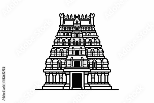 Chennai Hindu Temple Gopuram Vector Illustration South Indian Architecture Thick Line Art Icon