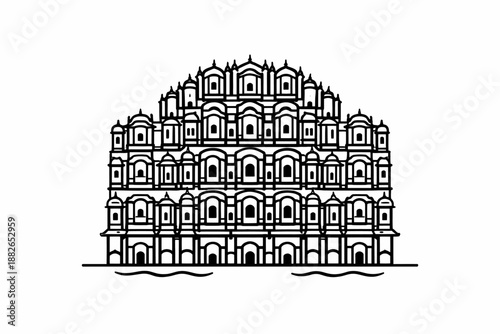 Hawa Mahal Jaipur Vector Illustration Palace of Winds Minimalist Thick Line Art Isolated on White
