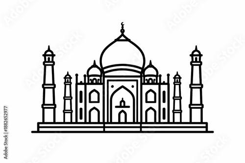Taj Mahal Vector Illustration Minimalist Thick Line Art Icon of Famous Indian Landmark Isolated on White