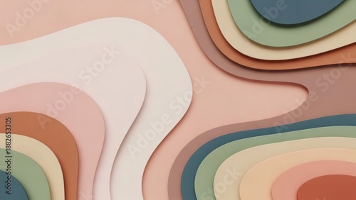 Abstract layered paper art with muted colors creating a flowing topographic effect