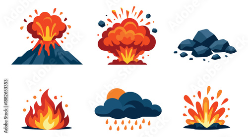 Cartoon natural events set featuring volcano eruption, explosions, fire, coal, and a rain cloud for educational and design projects