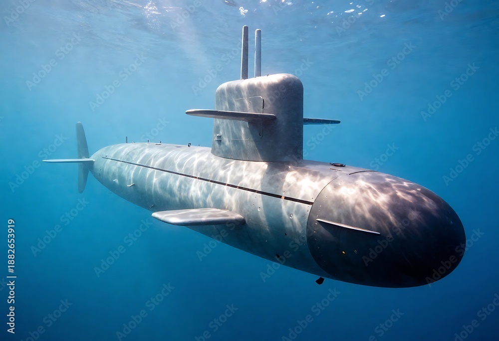 Fototapeta premium Modern military submarine illustration, showcasing stealth naval technology underwater. Digital concept emphasizes advanced engineering, submerged vessel operations, maritime defense, tactical warfare