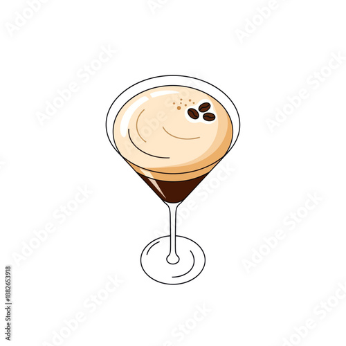 Espresso Martini Cocktail with Coffee Beans and Cream Foam on White Background