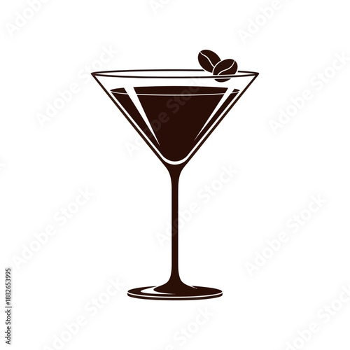 Espresso Martini cocktail with coffee beans garnish in a martini glass, isolated on white background.