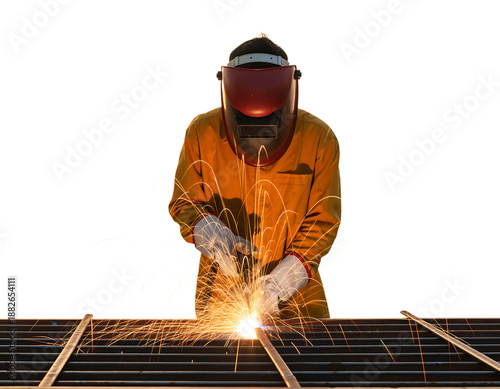 Skilled worker in orange uniform, white gloves, dark red welding helmet performs metal arc welding, generating, isolated on transparent background
