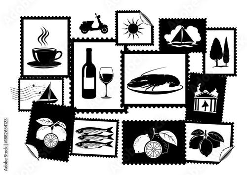 Italian Summer Stamps - Food & Vacation Vector