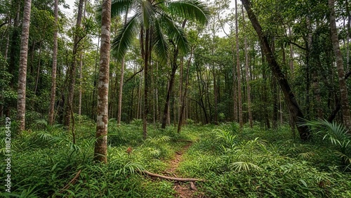 Lush forest scene with dense green foliage tall trees and a winding path
