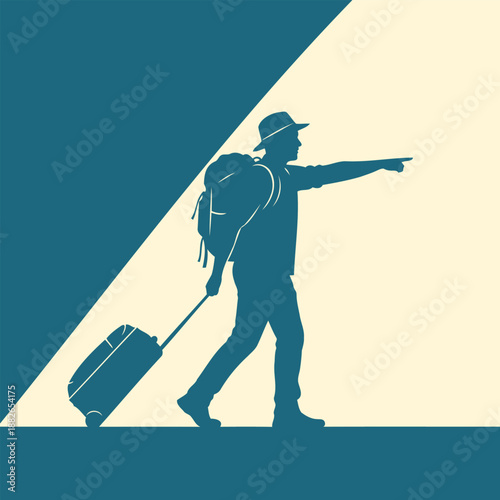 man in hat with backpack and suitcase pointing to the right on diagonal background