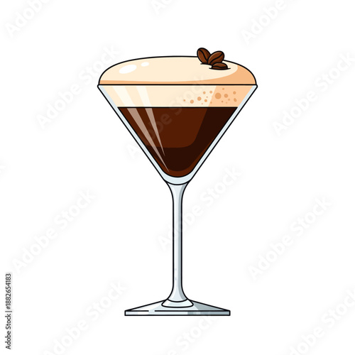 Espresso Martini Cocktail with Coffee Beans and Foam on White Background