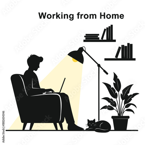 man sitting in armchair working on laptop at home with cat and houseplants  remote work