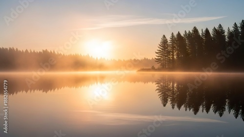Calm reflective lake during sunrise mirroring silhouetted trees and soft golden mist