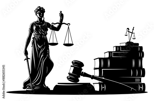 Justice & Law - Themis, Gavel & Books - Minimalist Vector