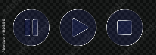 A set of four transparent liquid glass UI media player control buttons, including previous, play, pause, and next