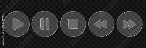 Sleek glass media player buttons with play, pause, and stop icons. Ideal for modern user interface desig