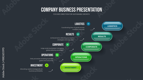Professional Briefing Slideshow Design Vector Illustration. Business Overview 5 Element Diagram Slide Template. Enterprise Portfolio Five Step Infographic Frame Layout.