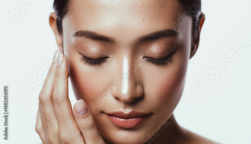 Young woman with closed eyes touching her beautifully made-up face