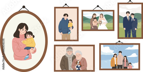 Flat vector illustration of a family photo gallery wall featuring framed portraits of a wedding couple elderly parents mother with child and multi-generational family