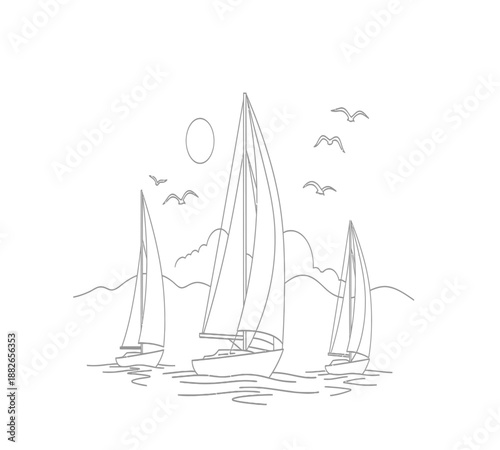 A luxury sailing yacht with white sails cruises across the blue ocean water at sunset during a summer regatta vacation