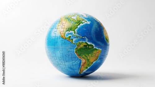 A jigsawpuzzle globe displaying the Americas on a plain background