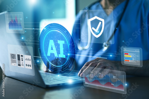 Quadro em tela Doctor using AI Technology for Medical Data Analysis and Sustainable Healthcare to integrate digital health platforms and electronic medical records and intelligent clinical support systems