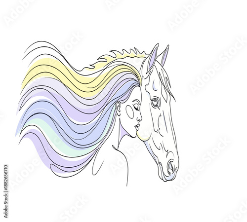 Artistic black silhouette vector illustration of a wild stallion head and a woman with long hair featuring fashion line art drawing style