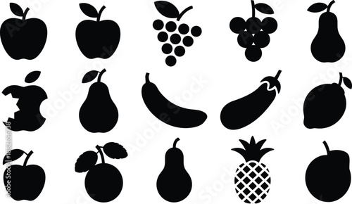 Set of 15 Black Fruit Silhouettes in Grid Layout for Educational, Graphic Design, Icon Creation, and Food-Themed Visual Projects
