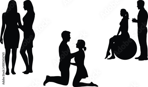 Romantic couple silhouette collection showing love, proposal and relationship moments, black vector illustration of men and women interactions isolated on white background