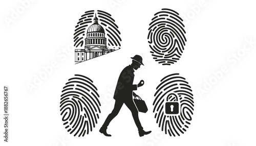 A man in a suit and hat walks among fingerprints and a government building