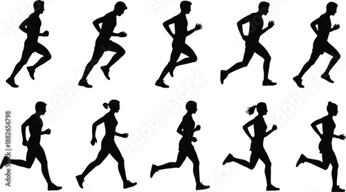 Running people silhouettes collection featuring male and female runners in jogging and sprinting poses isolated on white background, fitness sport vector illustration set