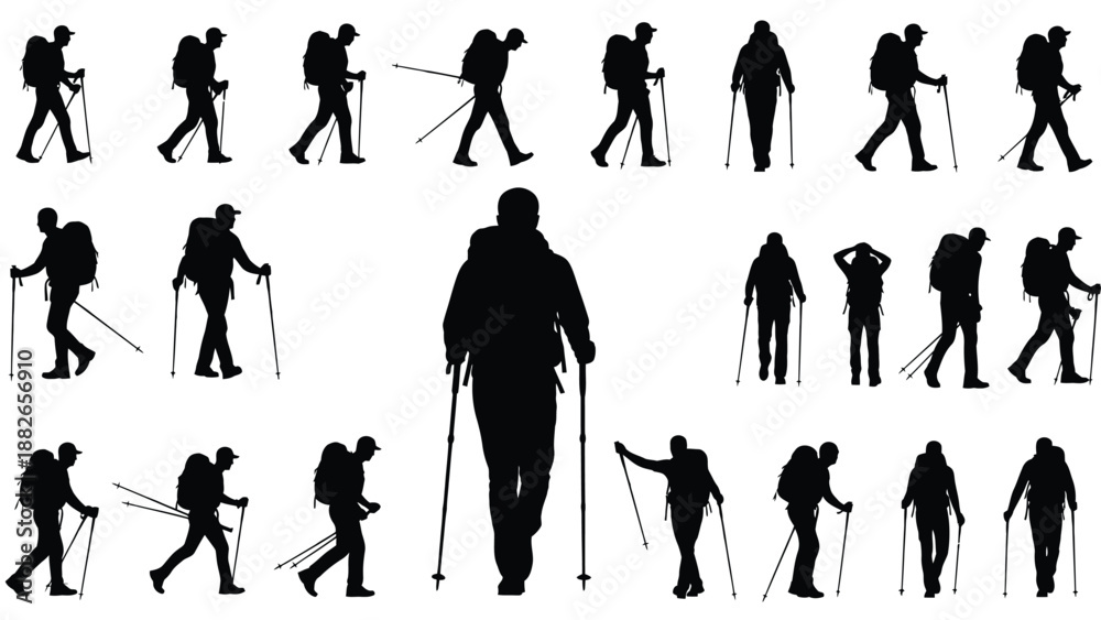 Obraz premium Silhouettes of people hiking with backpacks and trekking poles in various poses and directions on a white background, showcasing different aspects of adventure travel.