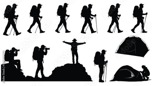 People hiking and camping with backpacks and trekking poles in various silhouetted poses and activities showcasing adventure and outdoor exploration.