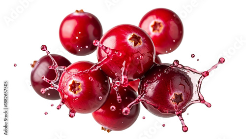Vibrant red cranberries bursting with refreshing juice splashes captured dynamically against a pure white background showcasing their fresh,