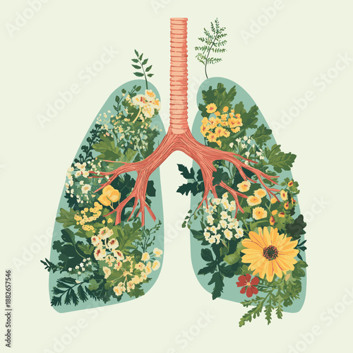 Illustrative representation of healthy lungs filled with lush greenery and blooming flowers , vector style simple color
