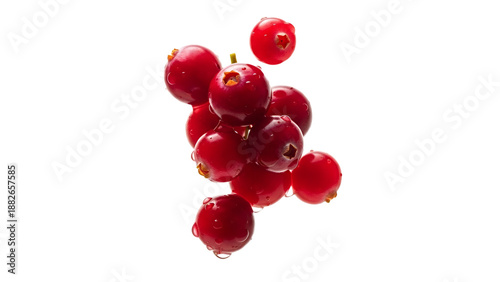 Vibrant red cranberries with glistening water droplets on a white background highlighting natural freshness