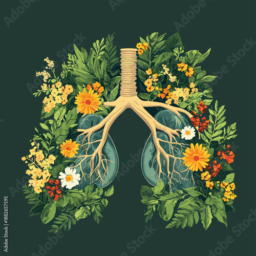 Illustrative representation of healthy lungs filled with lush greenery and blooming flowers , vector style simple color