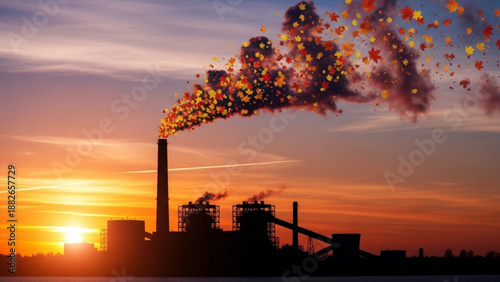 Polluted sunset view of industrial factory emitting smoke and colorful particles