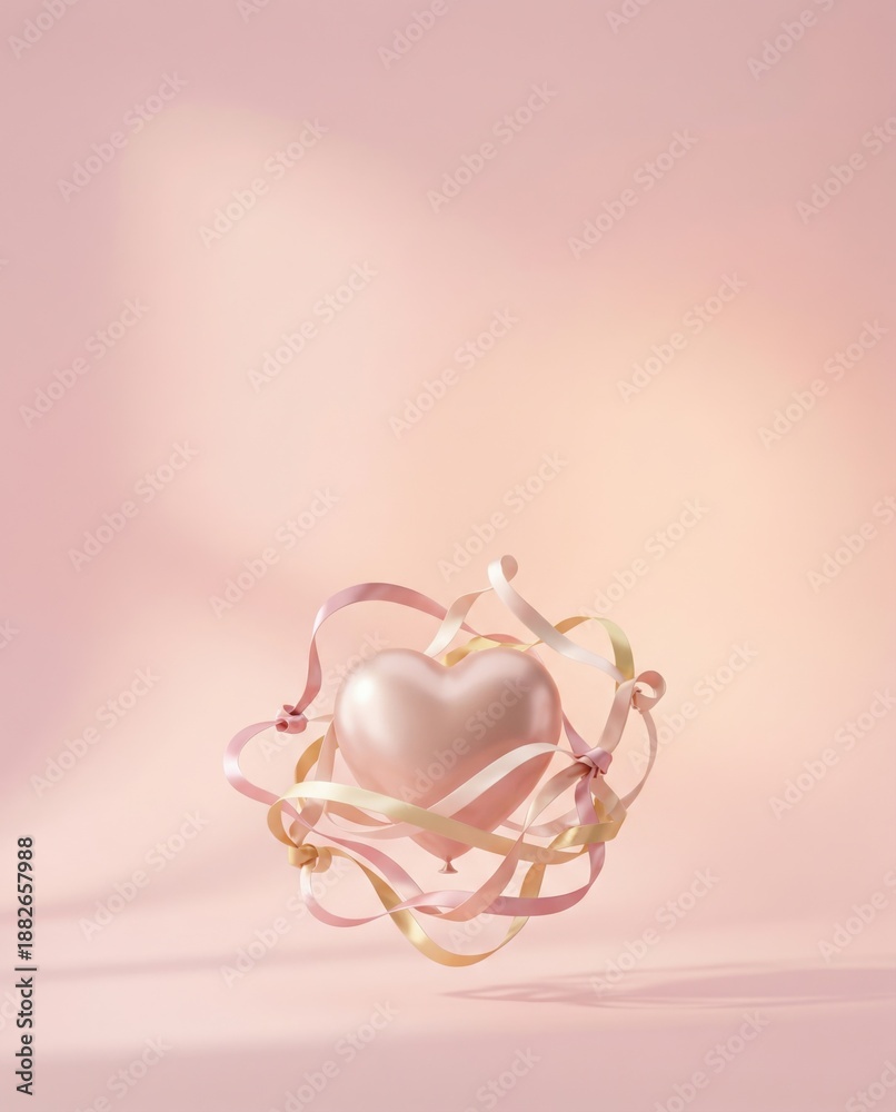 Obraz premium Generasurreal heart balloon with flowing ribbon, playful valentine romance, pastel background, modern commercial copy spaceted Image