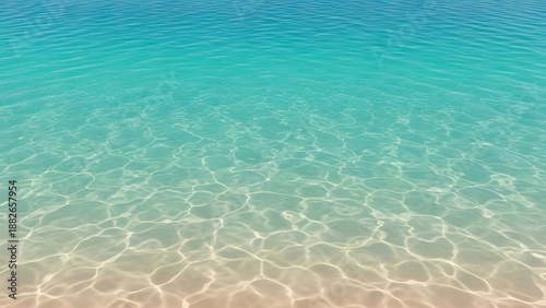Clear turquoise water sunlit seabed visible with rippling patterns on sand transitioning to deeper blue above