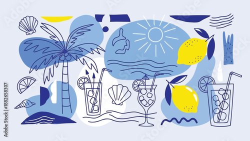 Tropical summer line art icons with fresh lemons and beach drinks