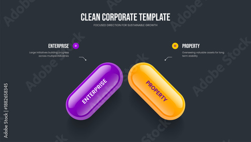 Service Performance 2 Option Diagram Slideshow Design. Enterprise Profile Two Step Infographic Slide Layout. Consulting Briefing Frame Template Vector Illustration.