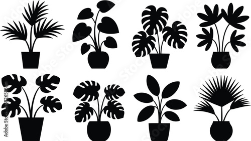 Silhouette collection of tropical potted plants with diverse leaf shapes, perfect for botanical design, home decor, and nature-themed graphic illustration projects