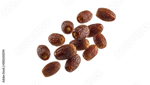 A delightful composition of delicious plump dried dates elegantly scattered across a pristine white background showcasing their natural texture and